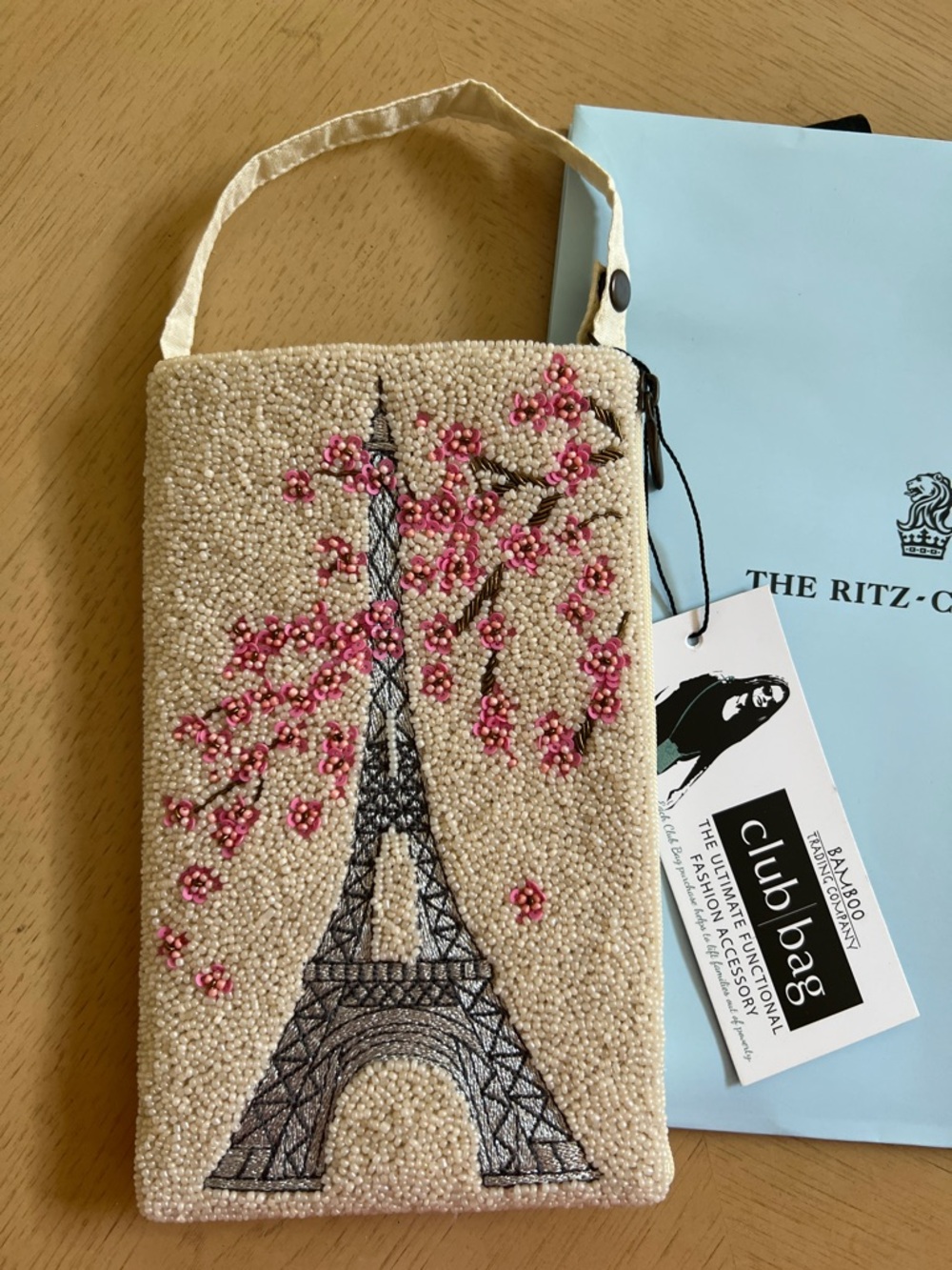 Beaded Eiffel Tower Phone Pouch in Cream with Pink Accents